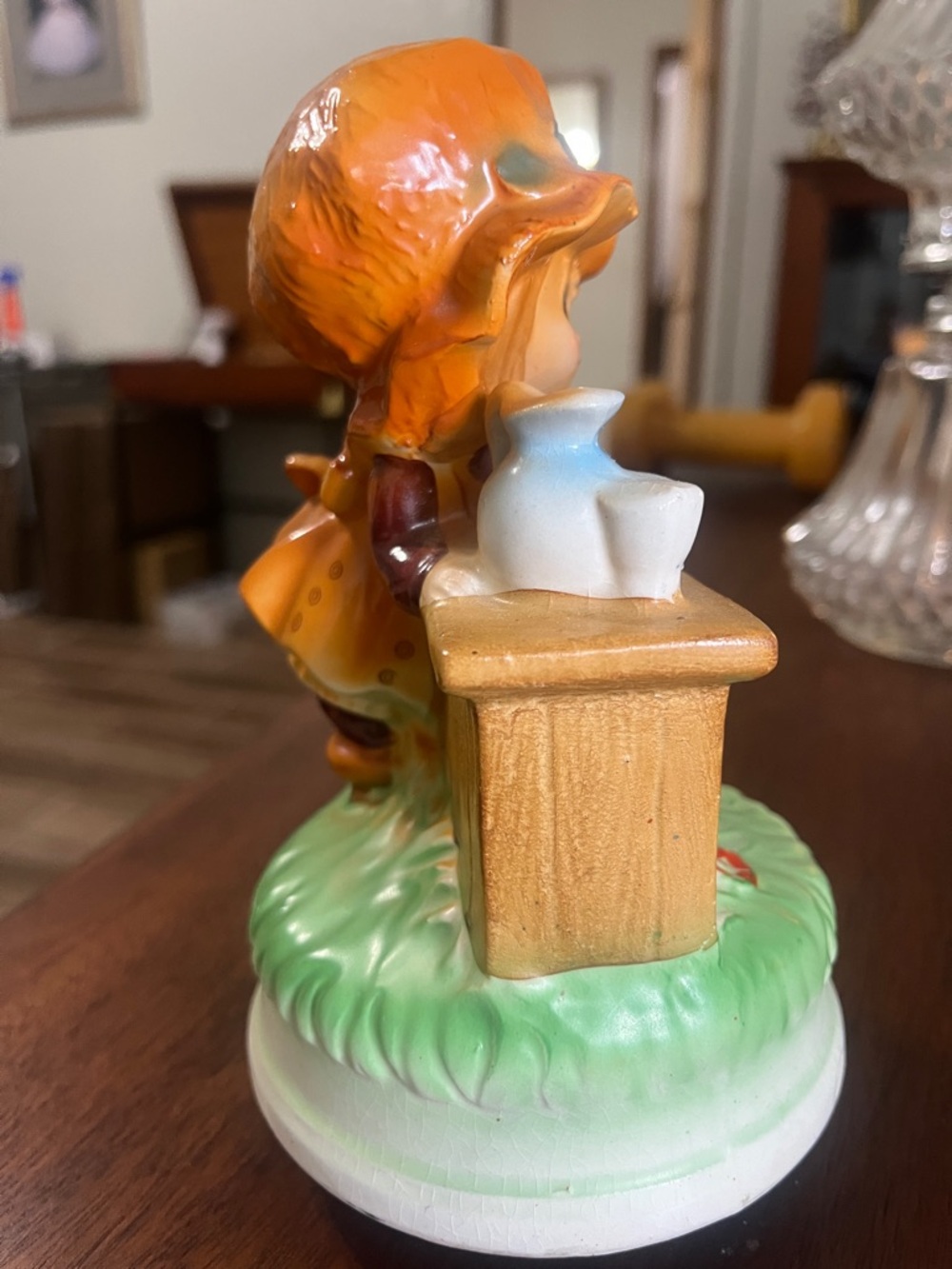 Hand-Painted Ceramic Girl Figurine with Orange Bonnet Music 🎶 Box - Picture 3 of 10
